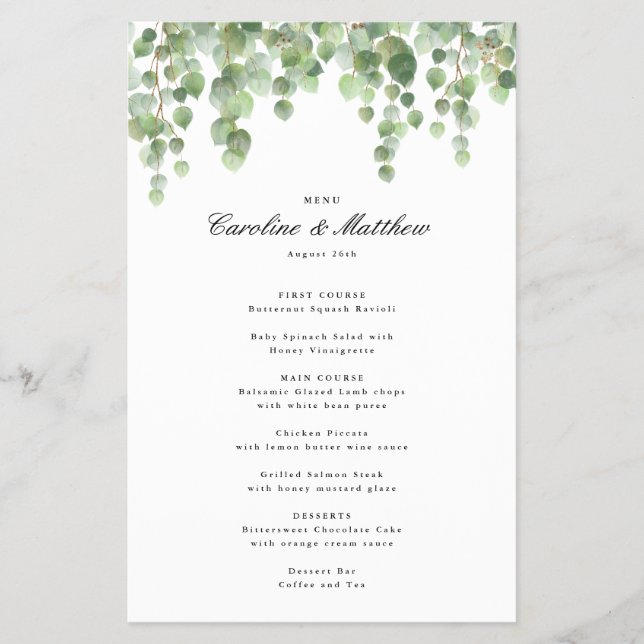 Grönt Eucalyptus Foliage Papper Dinner Menu Flygblad (Framsidan)