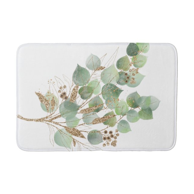 GRÖNT EUCALYPTUS GREN WHITE BATH MAT BADRUMSMATTA (Framsidan)
