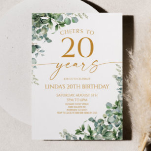 Grönt Eucalyptus Guld 20:e Födelsedagsfesten Inbjudningar
