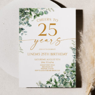 Grönt Eucalyptus Guld 25:e Födelsedagsfesten Inbjudningar