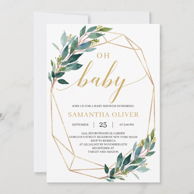 Grönt eucalyptus guld geometric Oh Baby Shower Inbjudningar (Framsida)