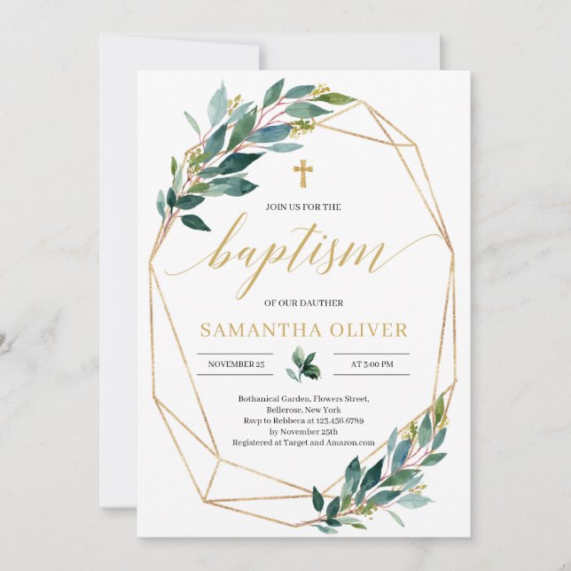 Grönt eucalyptus guld-geometrisk ram-baptism inbjudningar (Framsida)