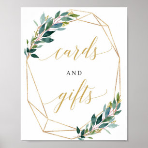 Grönt eucalyptus guld-kort och möhippa av presentk poster