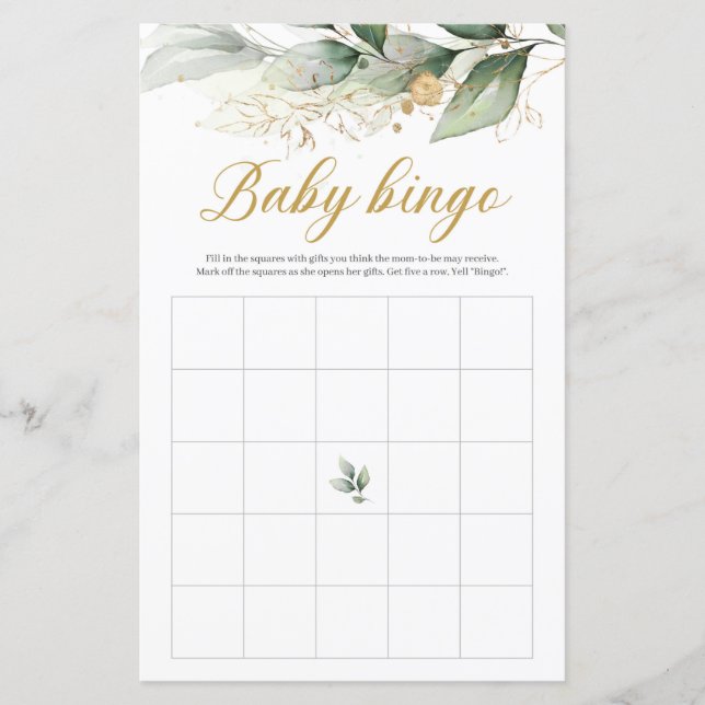 Grönt eucalyptus guld lövs boho baby bingo-spel (Framsida)