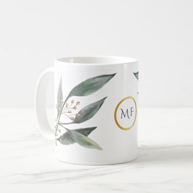 Grönt eucalyptus gum nöt monogram i löv kaffemugg (Framsida vänster)