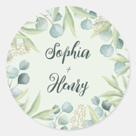 Grönt Eucalyptus Lövs Bröllop Classic Round Runt Klistermärke