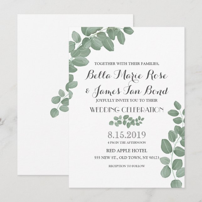Grönt Eucalyptus Lövs bröllopsinbjudan Inbjudningar (Fram/baksida)