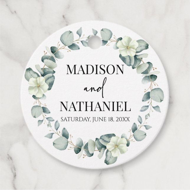 Grönt Eucalyptus Lövs Greenery Botanical Bröllop Gåvor Etiketter (Framsida)