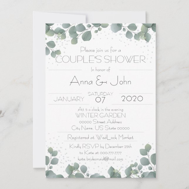 Grönt Eucalyptus Modern Couples Shower Photo Inbjudningar (Framsida)