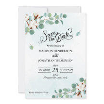 Grönt Eucalyptus och Bomull Bröllop spara datum