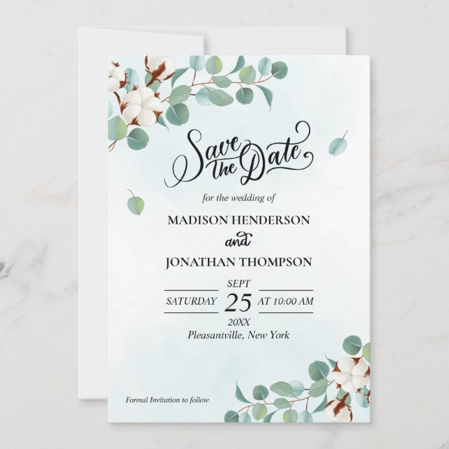 Grönt Eucalyptus och Bomull Bröllop spara datum Inbjudningar (Framsida)