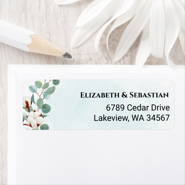 Grönt Eucalyptus och bomullsblommor Bröllop Returadress Etikett (Insitu)