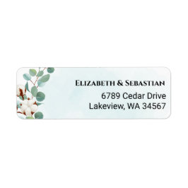 Grönt Eucalyptus och bomullsblommor Bröllop Returadress Etikett