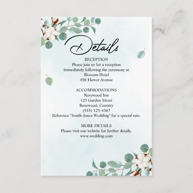 Grönt Eucalyptus och bomullsblommor Bröllop Tilläggskort (Framsida)