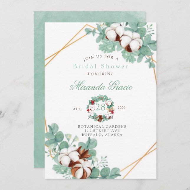 Grönt Eucalyptus och Möhippa av bomull Inbjudningar (Fram/baksida)