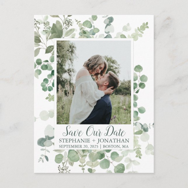 Grönt Eucalyptus Photo Save Date Postcard Vykort (Framsida)