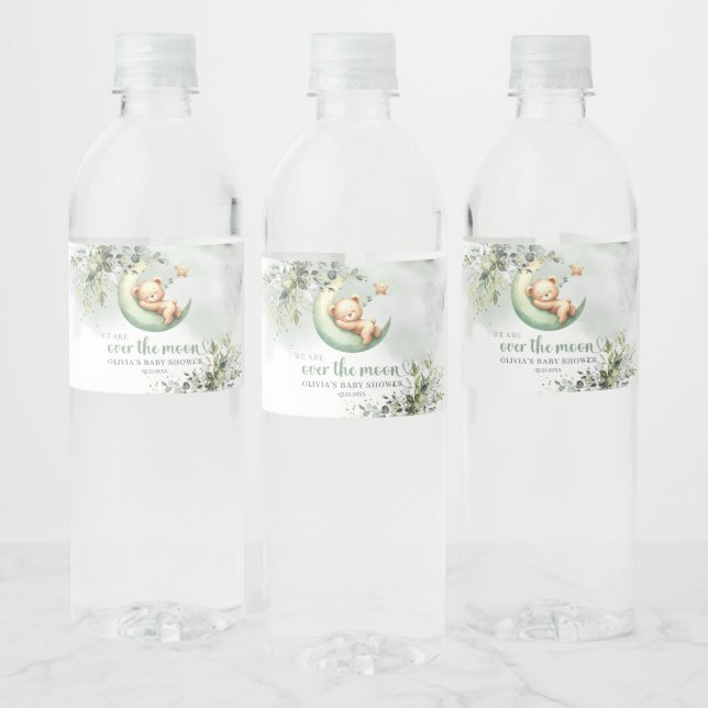 Grönt Eucalyptus sovande nalle över måne Vattenflaskor Etikett (Flaskor)