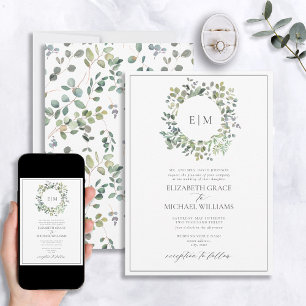 Grönt Eucalyptus Utandning Monogram Inbjudningar