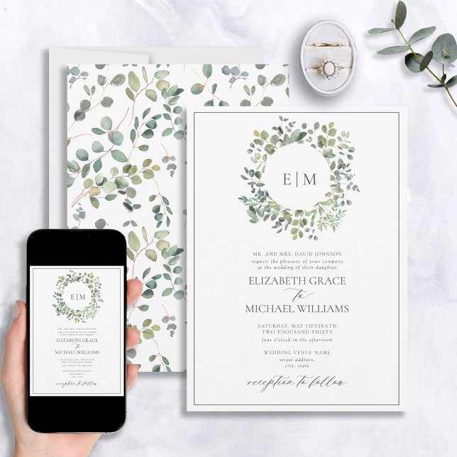 Grönt Eucalyptus Utandning Monogram Inbjudningar (Skapare uppladdad)