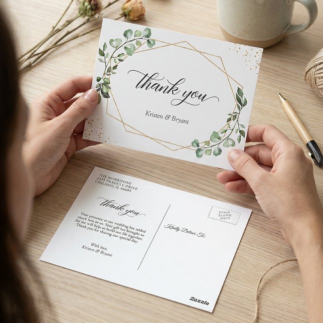 Grönt Eukalyptus Geometrisk Guld Ram Tack Vykort (Skapare uppladdad)