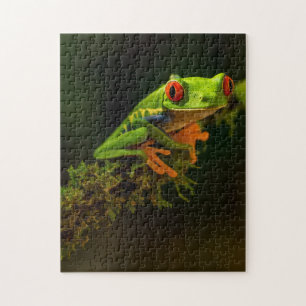 Grönt Exotic Summer Frog Reptile med rött ögon Pussel
