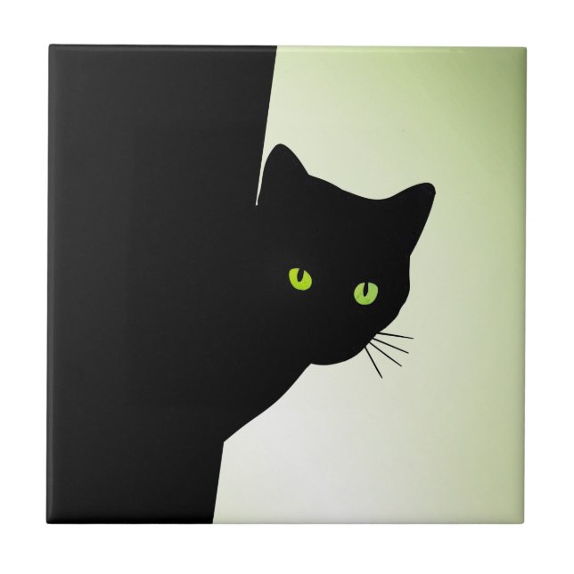 Grönt Eyed Black Cat Kakelplatta (Framsidan)