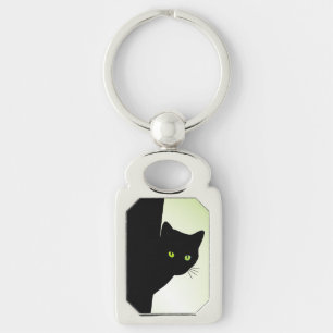 Grönt Eyed Black Cat Rektangulärt Silverfärgad Nyckelring