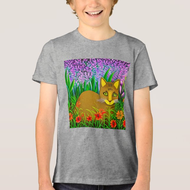 Grönt Eyed Cat i en Blomsterträdgård Barn Tee (Framsida)