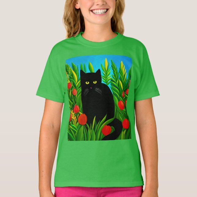 Grönt Eyed Cat i en Blomsterträdgård Barn Tee (Framsida)