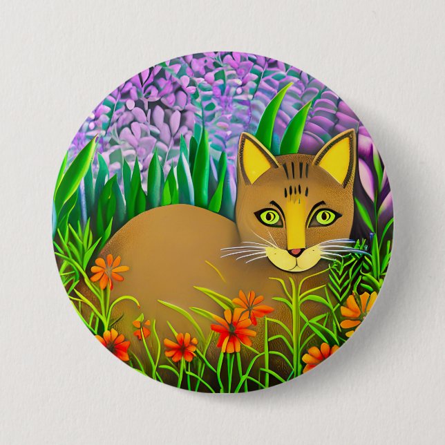 Grönt Eyed Cat i en Blomsterträdgård Knapp (Framsida)
