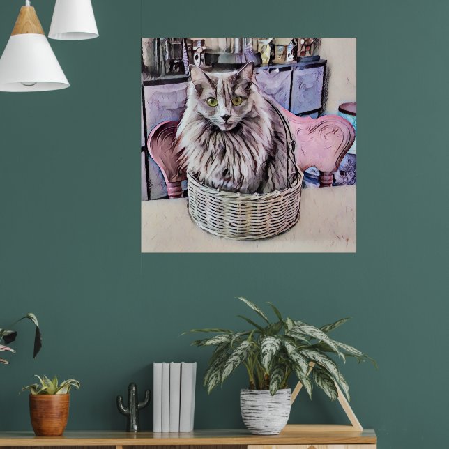 Grönt-Eyed Grått Cat In Basket Poster (Vardagsrum 1)