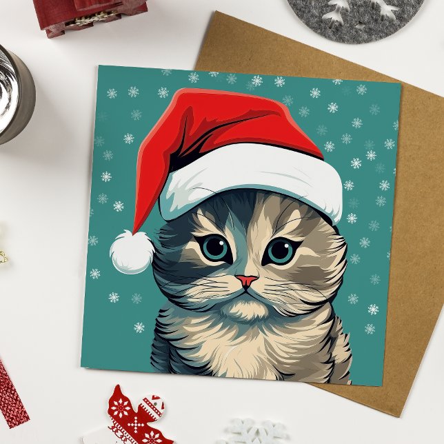 Grönt Eyed Jul Kitten i Santa Hat (Note, the envelopes included with this card are white.)
