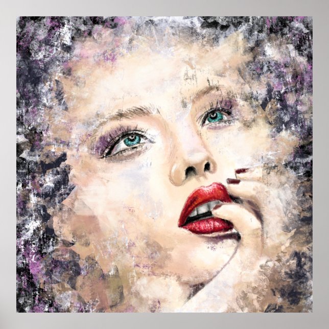 Grönt Eyed Söt Woman Abstrakt Originalfärg Poster (Framsidan)
