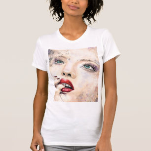 Grönt Eyed Söt Woman Abstrakt Originalfärg T Shirt