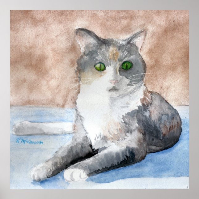 Grönt Eyed Tortoiseshell Grått White Cat Watercolo Poster (Framsidan)
