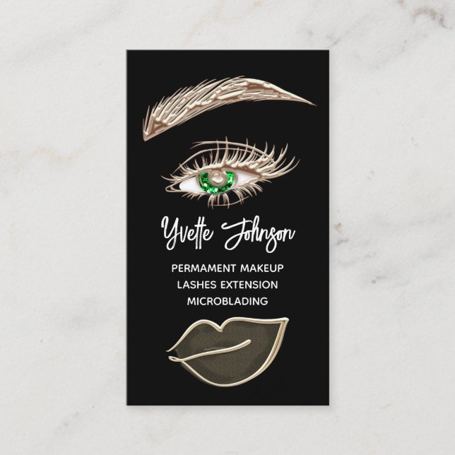 Grönt Eyelash Brows Makeup Logotyp QRCode Guld Bla Visitkort (Framsida)
