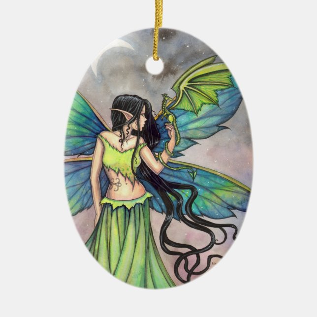 Grönt Fairy and Dragon Fantasy Art Julgransprydnad Keramik (Framsidan)