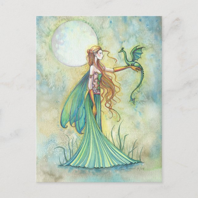 Grönt Fairy and Dragon Fantasy Art Vykort (Framsida)