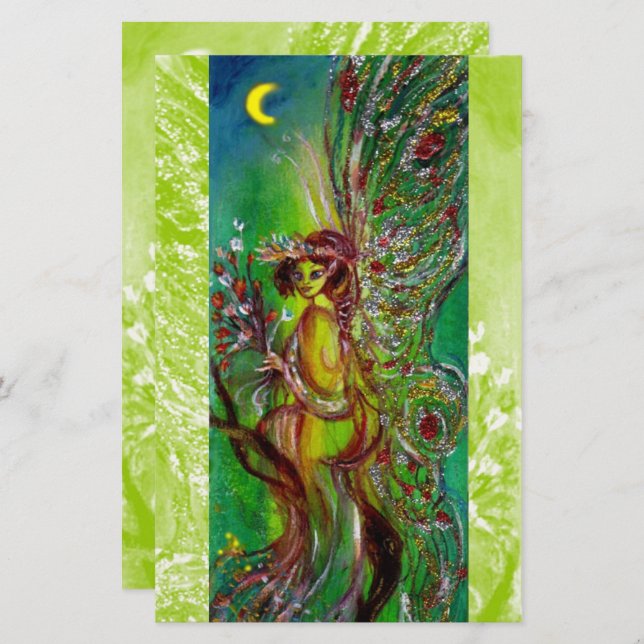 GRÖNT FAIRY HOLDING FLOWES IN MOONLIGHT Fantasy Brevpapper (Fram/baksida)