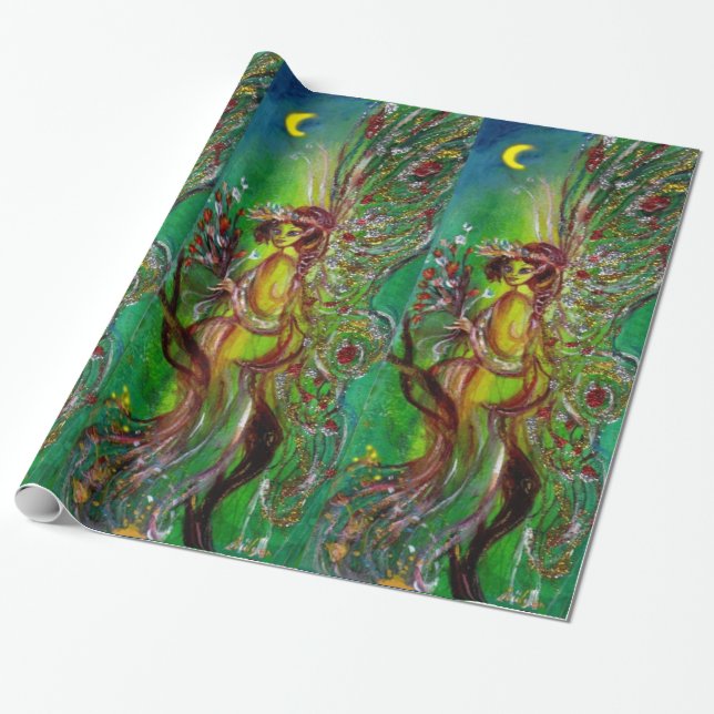GRÖNT FAIRY WITH GULD SILVER SPARKLES IN MOONLIGHT PRESENTPAPPER (Utrullad)