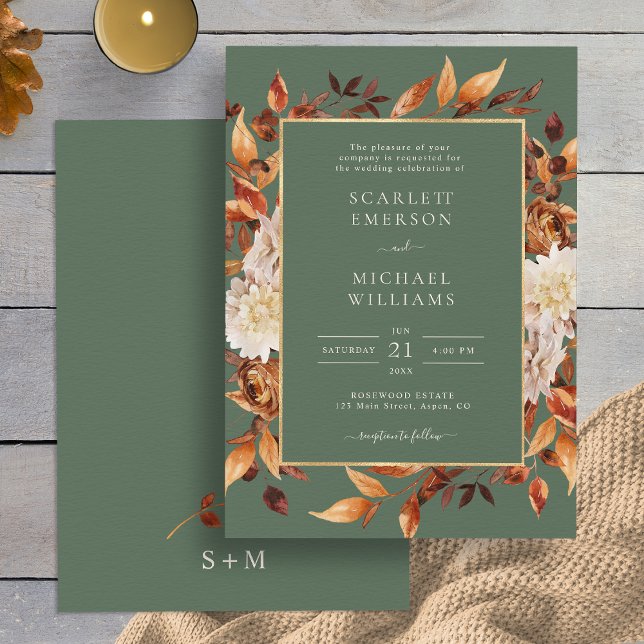 Grönt Fall Blommigt Bröllop Inbjudningar (Sage Green Fall Copper Floral Wedding Invitation by Painted Paperie
)