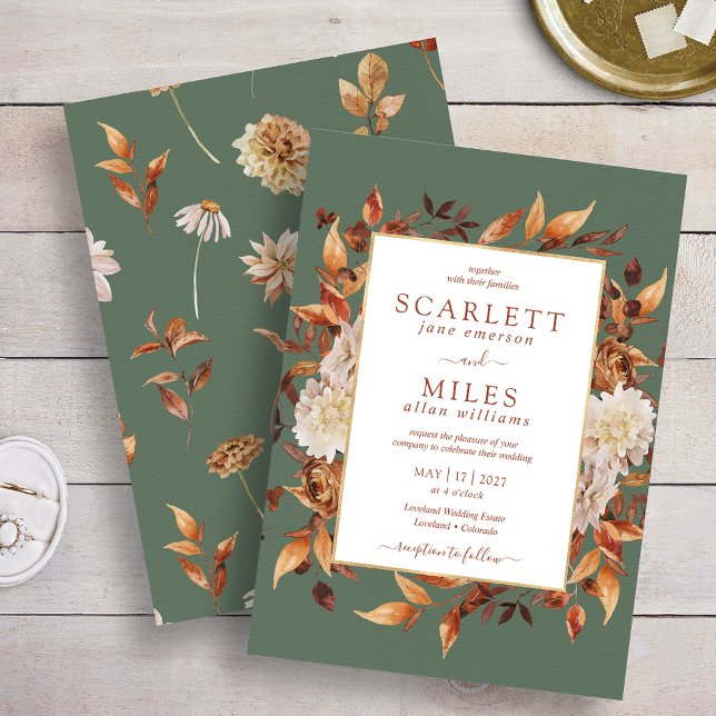 Grönt Fall Terracotta Watercolor Blommigt Bröllop Inbjudningar (Green Fall Terracotta Watercolor Floral Wedding Invitation
)