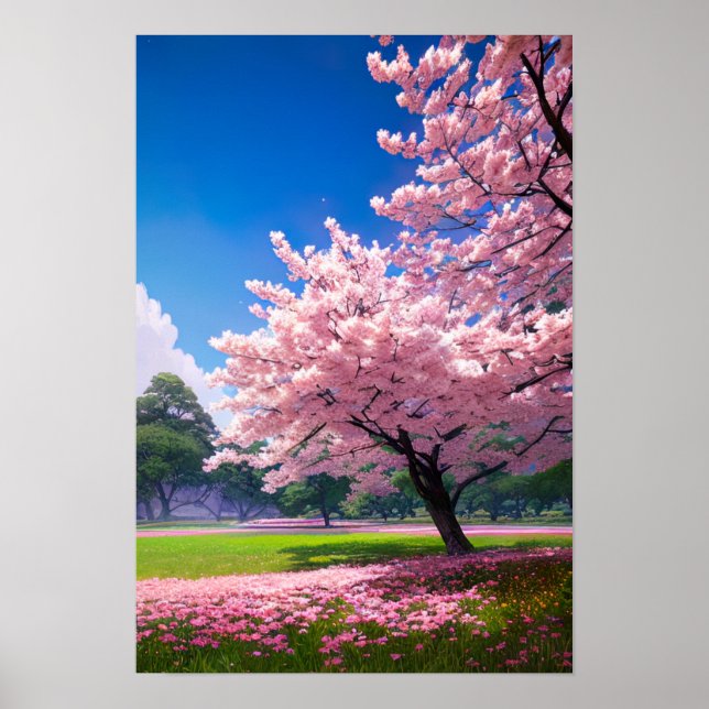 Grönt Fält och Blossoming Träd Poster (Framsidan)