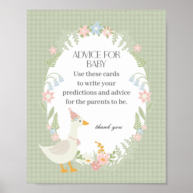 Grönt Fånig Goose Blommigt Gingham Advice for Baby Poster (Framsidan)
