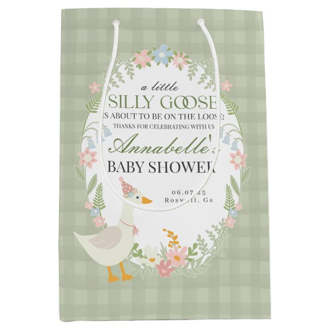 Grönt Fånig Goose Blommigt Gingham Baby Shower-fav (Framsidan)