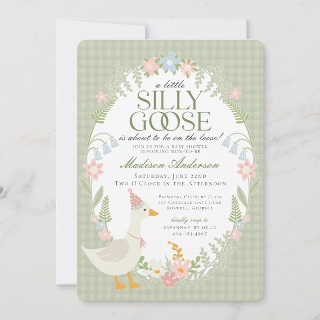 Grönt Fånig Goose Blommigt Gingham Baby Shower Inbjudningar (Framsida)