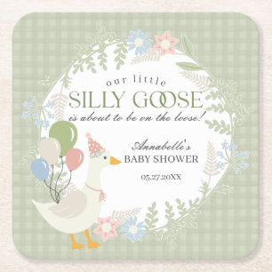 Grönt Fånig Goose Blommigt Gingham Baby Shower Underlägg Papper Kvadrat