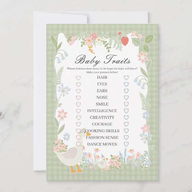 Grönt Fånig Goose Blommigt Gingham Baby Traits Gam Inbjudningar (Framsida)