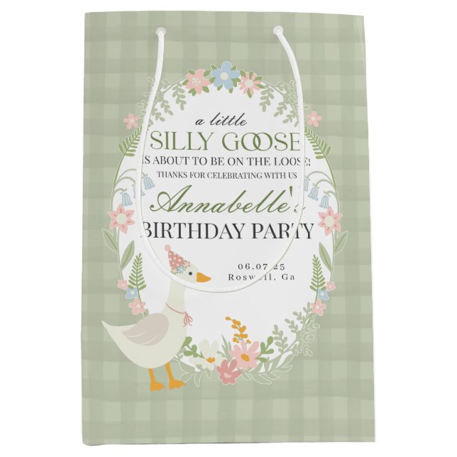 Grönt Fånig Goose Blommigt Gingham Birthday Favor (Framsidan)