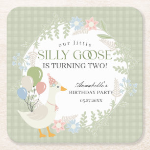 Grönt Fånig Goose Blommigt Gingham Birthday Underlägg Papper Kvadrat